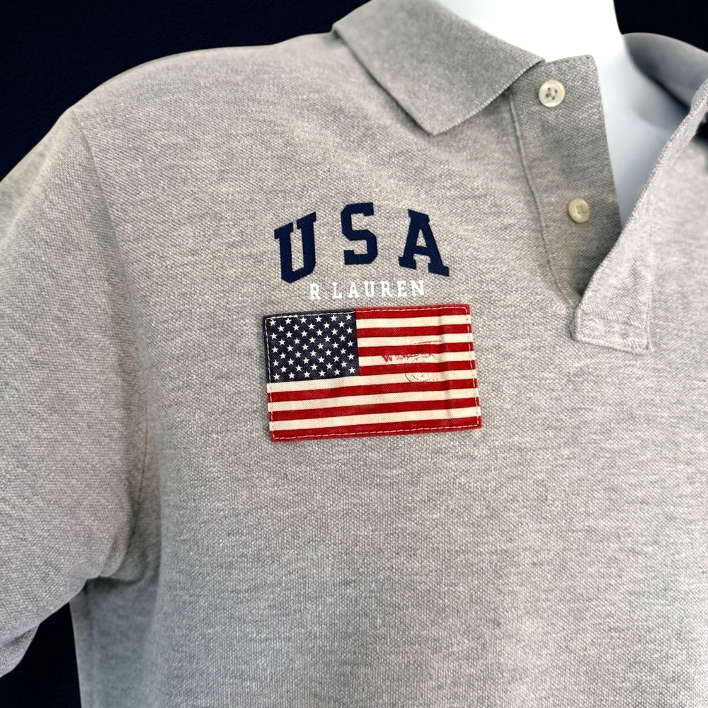 Polo Ralph Lauren USA Flag Polo Shirt XL Custom Fit Athletic V-Fit Gray - Picture 8 of 13